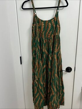 womens green and orange/tan midi sundress plaid print lightweight size small